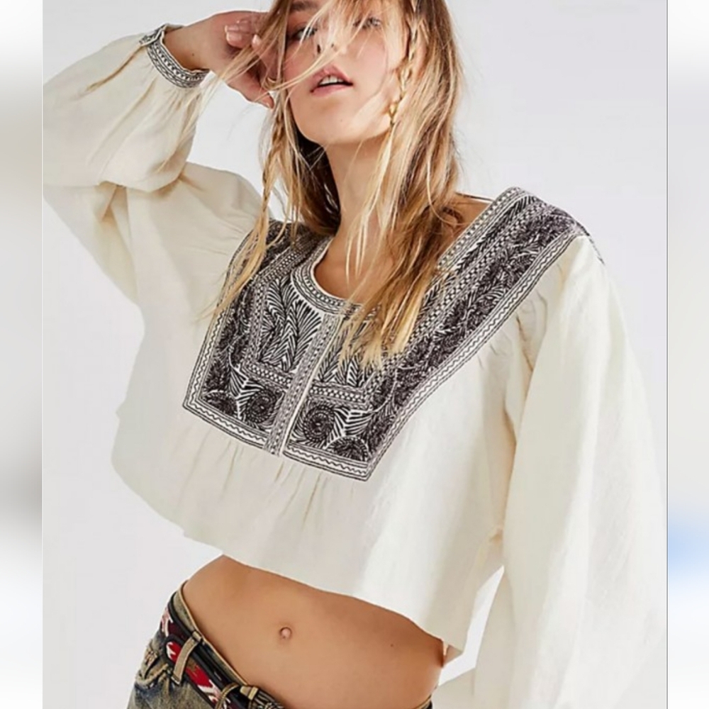 Free People Ivory Cropped Peplum Blouse